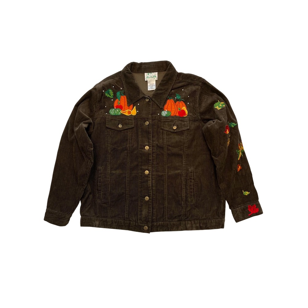 Quacker Factory Brown Festive Fall Harvest Pumpkin Embroidered Corduroy Jacket L